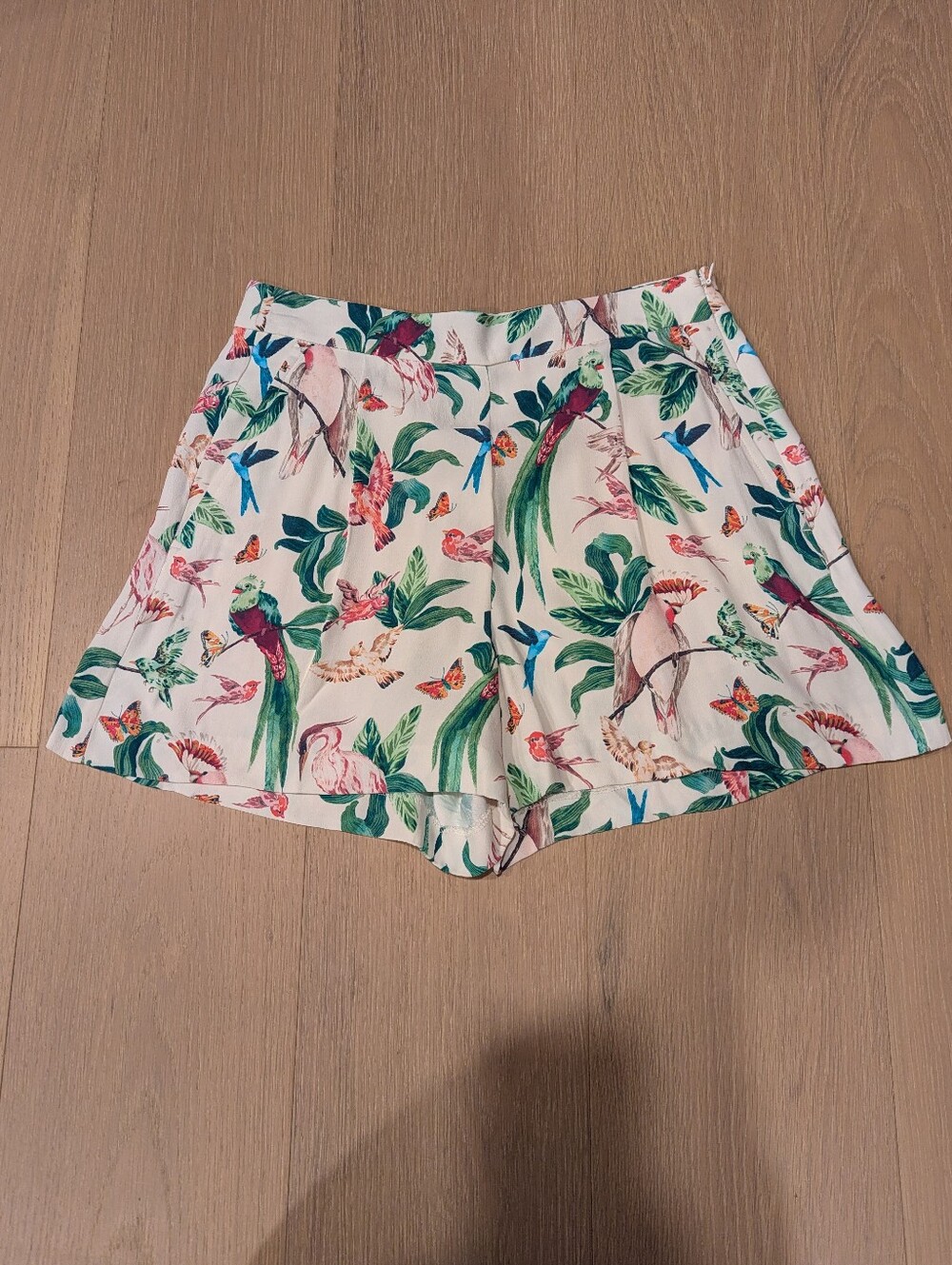 Tropical Bird Print Shorts — White Base with Green & Pink Floral